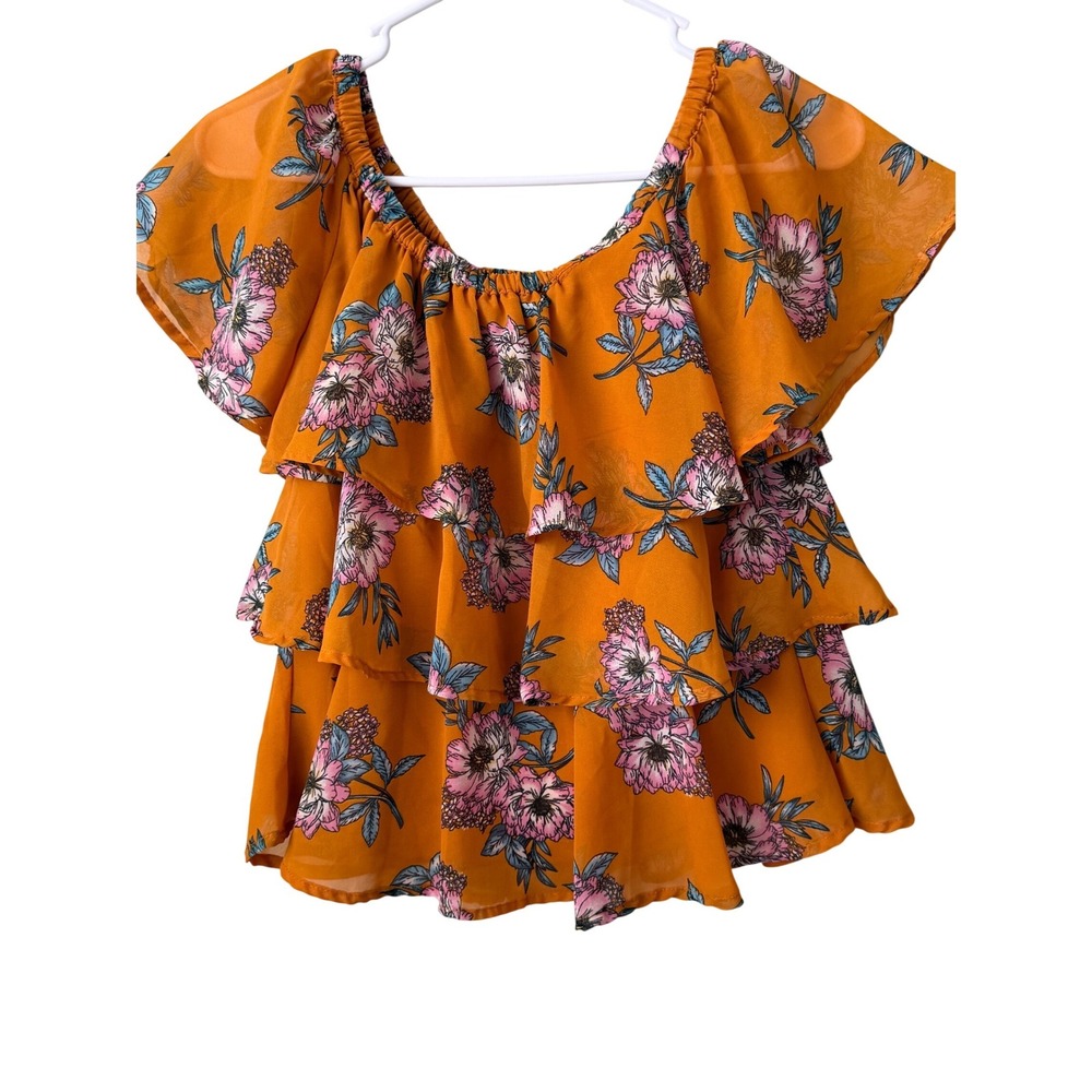 Japna Off Shoulder Tiered‎ Ruffle Floral Blouse Orange Pink Blue Size S